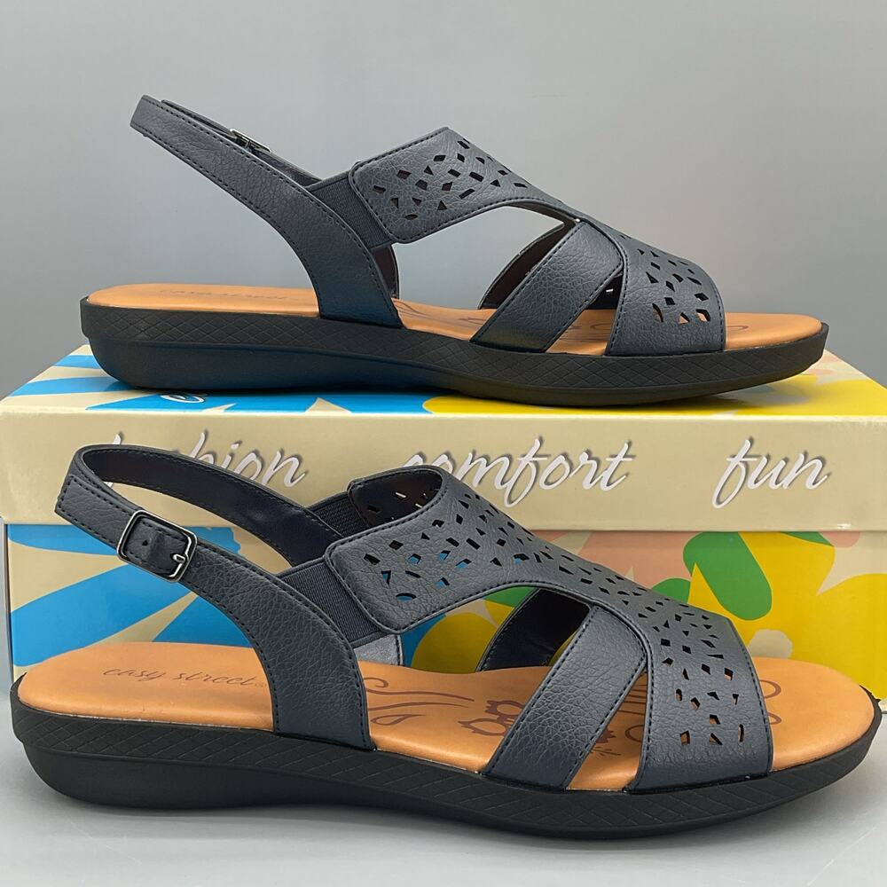 NEW Easy Street Women Bolt Decorative Cutout Flat Sandal Dark Navy Size 7M
